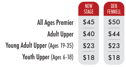 2025 Group sales rates. All ages premier seats: $45 at the New Stage, $50 at the Deb Fennell Auditorium. Contact the box office for rates for upper section seats, young adults, and youths.