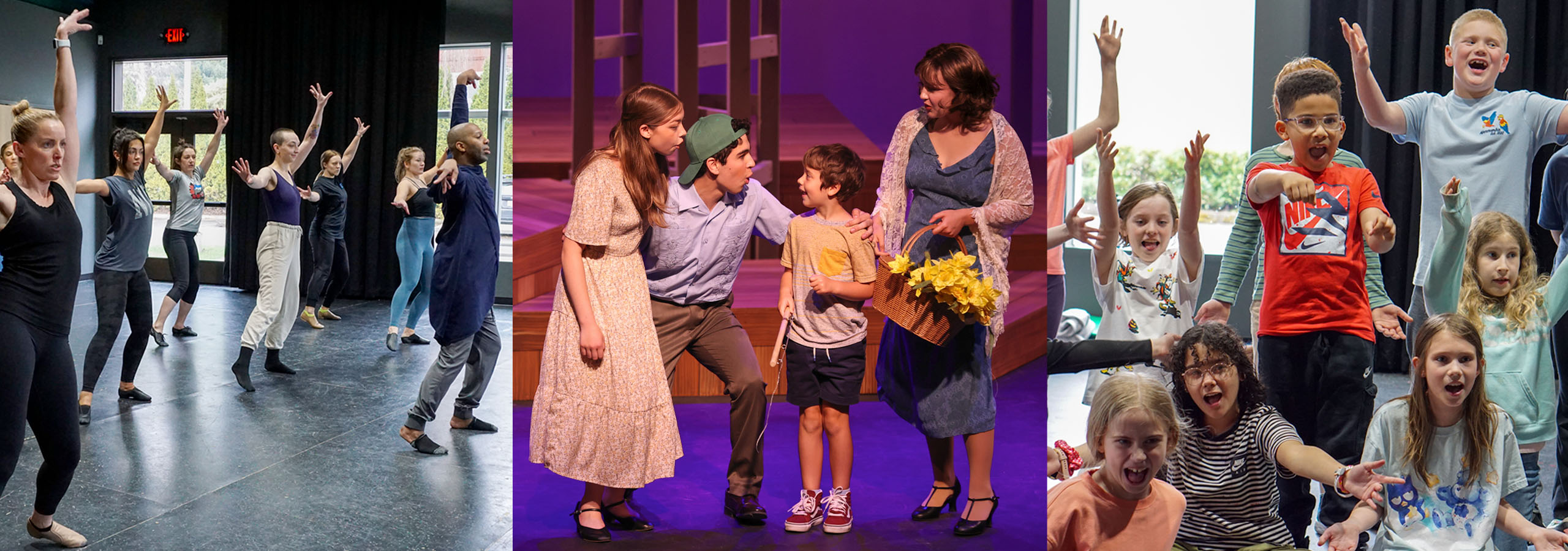 Photo collage of images from an adult dance class, our 2023 Teen Summer Production of Big Fish, and a rehearsal for Kids Spring Break camp.