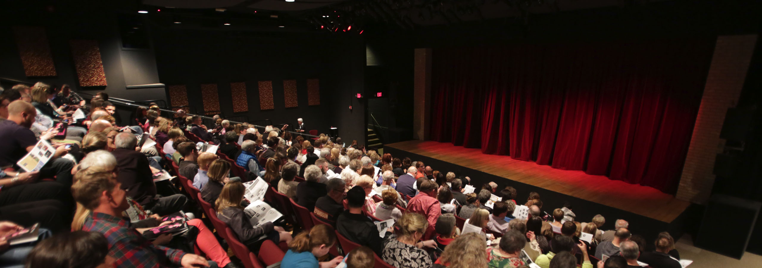 Photo of the interior of the New Stage Theater showing a full audience waiting for a show to begin.