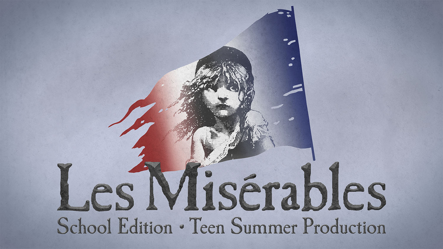 Logo for Les Miserables School Edition, with the title at the bottom and an image of Cosette as a little girl superimposed over a tattered and torn French flag.