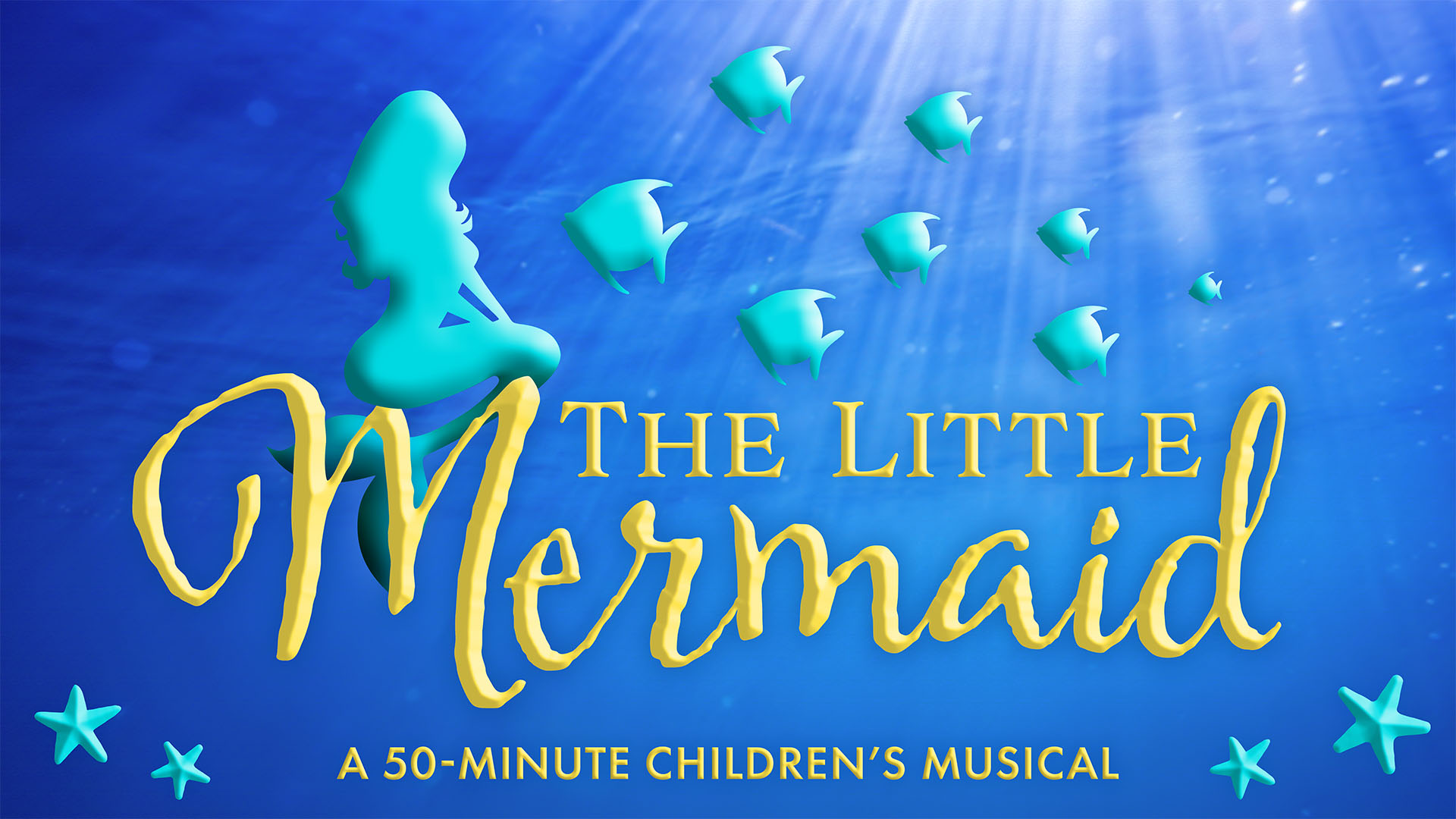 Logo for The Little Mermaid. The text is in gold with a silhouette of the Little Mermaid herself sitting atop the letter M at the beginning of Mermaid.