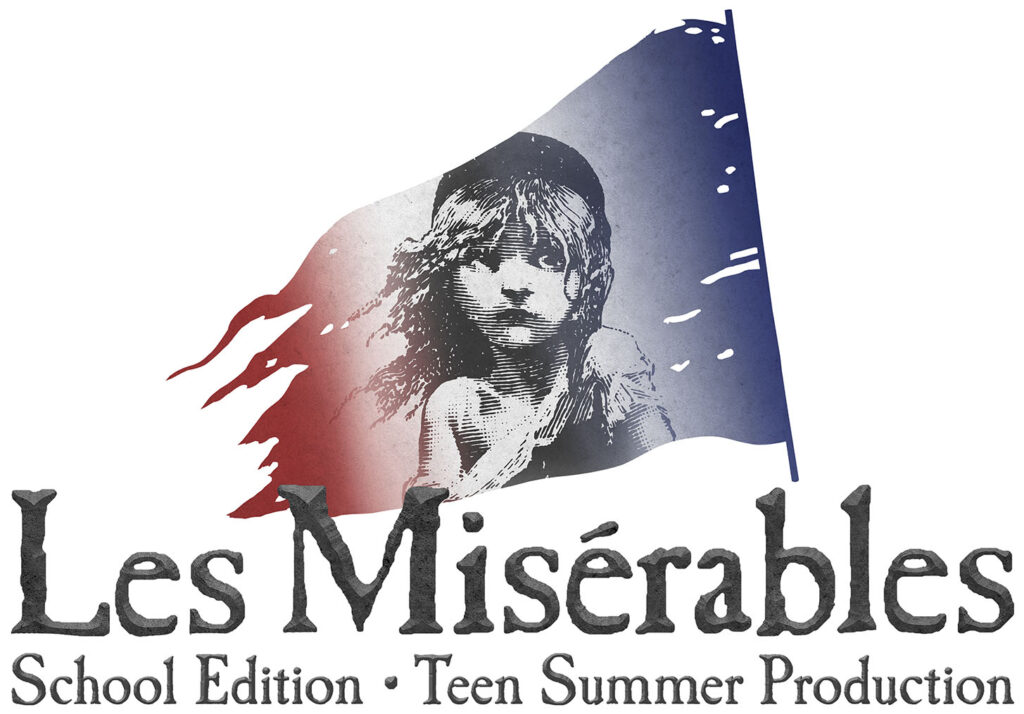 Logo for Les Miserables school edition, with the title at the bottom and an image of Cosette as a little girl superimposed over a tattered and torn French flag.