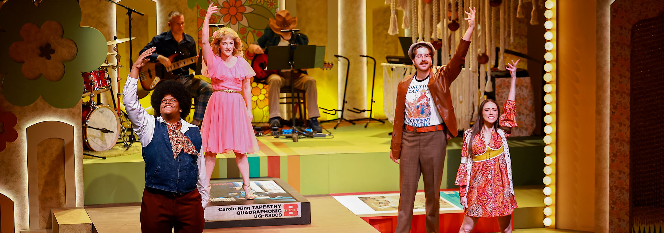 Richaun Stewart, Jennifer Davies, Nate Ayers, and Jennifer Lynn Teel in 8-Track: The Sounds of the '70s at Broadway Rose Theatre Company, January 23 - February 16, 2025. Photo by Fletcher Wold.