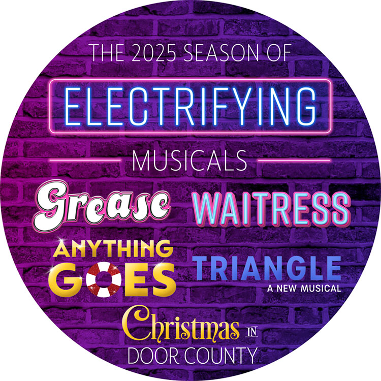 Graphic with the logos for Grease, Waitress, Anything Goes, Triangle, and Christmas in Door County all together.