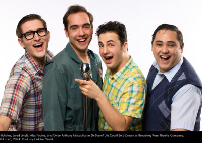 Eli Nicholas, Jared Lingle, Alex Foutos, and Dylan Anthony Macabitas in Sh-Boom! Life Could Be a Dream at Broadway Rose Theatre Company, April 4 - 28, 2024. Photo by Fletcher Wold.