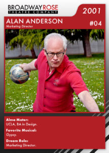 A mock-up sports card that features a photo of Alan Anderson in bowling gear lining up for a strike. The text on the card reads... Alma Mater: UCLA, BA in Design. Favorite Musical:Gypsy. Dream Role: Marketing Director.