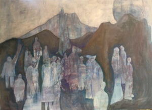 An expressionist painting by Cindy Geffel of a group of people in front of a hilly landscape. The colors are earthy and muted in this painting, the hills brown and becoming lighter in the distance. The group of people in the foreground are painted with an almost iridescent mother of pearl color scheme, teals, violets, and light greens.