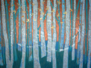 Painting by Cindy Geffel of dozens of trees in a dense forest. The barely visible sky behind them glows orange like a sunrise or sunset, while the ground is a deep teal. The tree's trunks are tall and narrow, painted white, almost like birch trees.