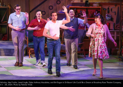 Eli Nicholas, Alex Foufos, Jared Lingle, Dylan Anthony Macabitas, and Brit Eagan in Sh-Boom! Life Could Be a Dream at Broadway Rose Theatre Company, April 4 - 28, 2024. Photo by Fletcher Wold.
