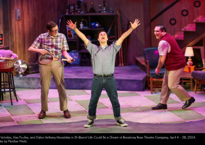 Eli Nicholas, Alex Foufos, and Dylan Anthony Macabitas in Sh-Boom! Life Could Be a Dream at Broadway Rose Theatre Company, April 4 - 28, 2024. Photo by Fletcher Wold.