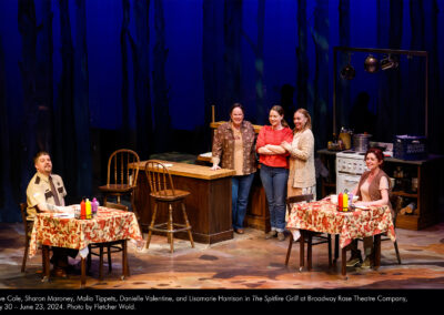 Dave Cole, Sharon Maroney, Malia Tippets, Danielle Valentine, and Lisamarie Harrison in The Spitfire Grill at Broadway Rose Theatre Company, May 30 - June 23, 2024. Photo by Fletcher Wold.