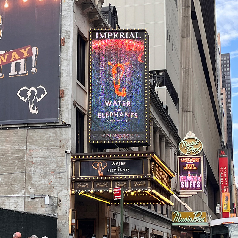 Photo of the marquee and glowing sign for Water For Elephants on Broadway. It is a bright, sunny day in New York City, and the crowds are bustling down the sidewalk.