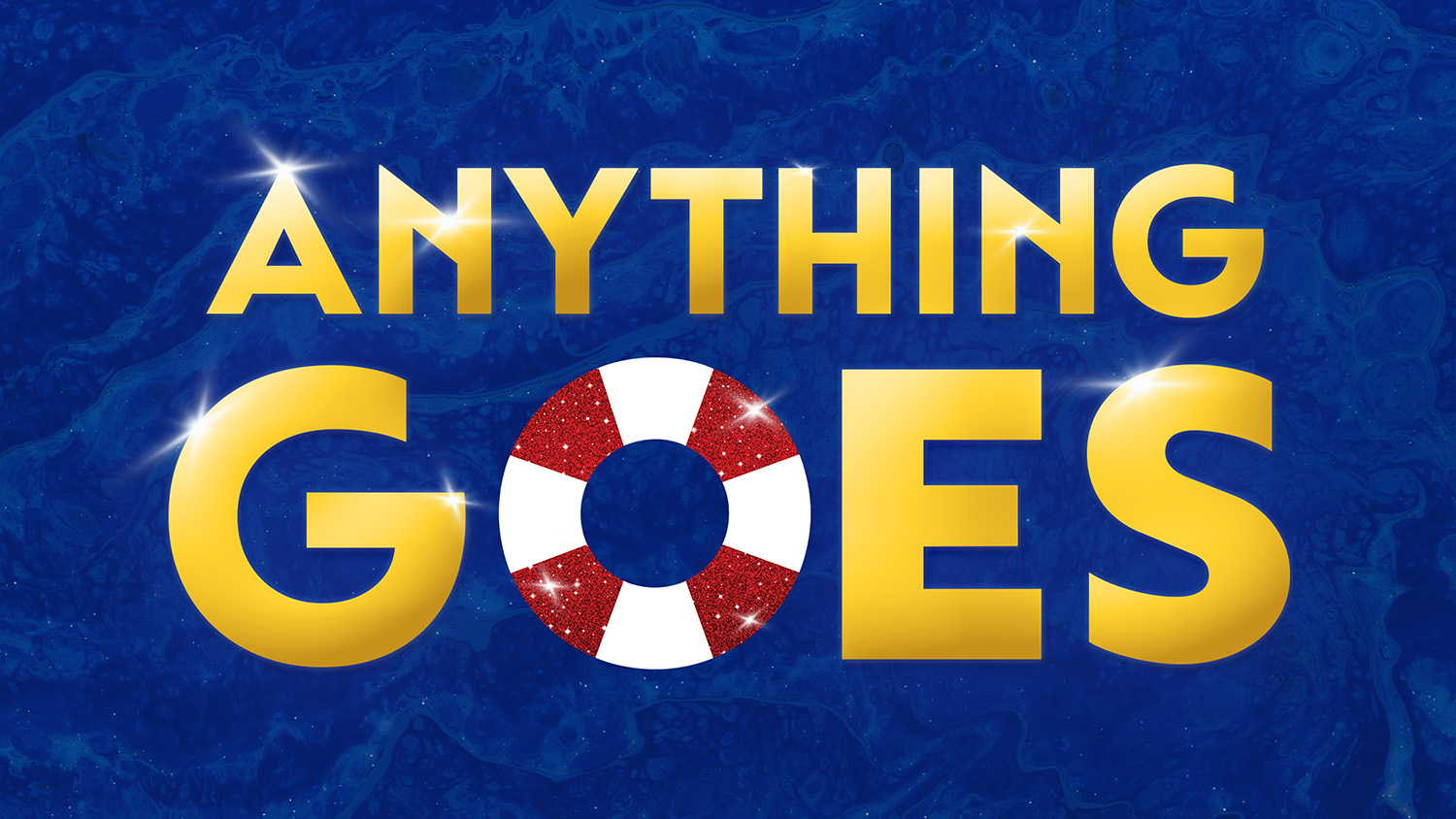 Logo for Anything Goes. The words in gold lettering hang above an image of ocean waves.