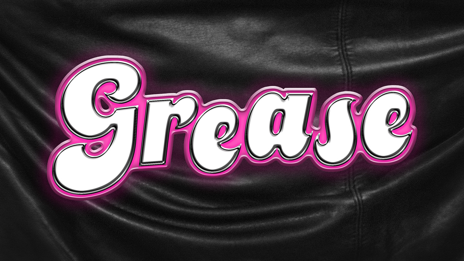 Logo for Grease. A close-up photo of a leather jacket's back with the word Grease in chrome in front.