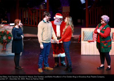 Hailee Elders, Nick Serrone, Brandon B. Weaver, Erin Tamblyn, and Blythe Woodland in Five Golden Rings at Broadway Rose Theatre Company, November 27 - December 22, 2024. Photo by Fletcher Wold.