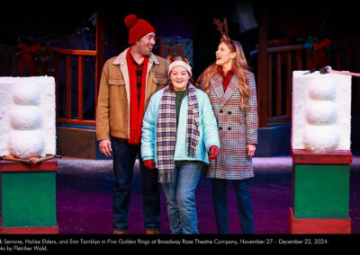 Nick Serrone, Hailee Elders, and Erin Tamblyn in Five Golden Rings at Broadway Rose Theatre Company, November 27 - December 22, 2024. Photo by Fletcher Wold.