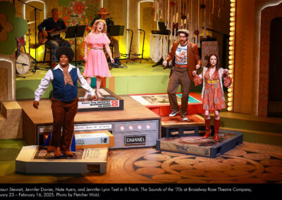 Richaun Stewart, Jennifer Davies, Nate Ayers, and Jennifer Lynn Teel in 8-Track: The Sounds of the '70s at Broadway Rose Theatre Company, January 23 - February 16, 2025. Photo by Fletcher Wold.