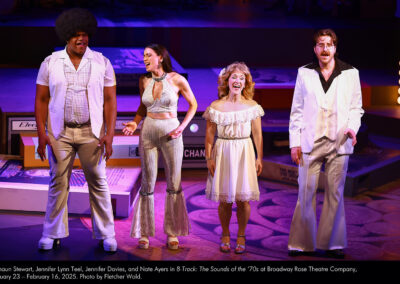 Richaun Stewart, Jennifer Lynn Teel, Jennifer Davies, and Nate Ayers in 8-Track: The Sounds of the '70s at Broadway Rose Theatre Company, January 23 - February 16, 2025. Photo by Fletcher Wold.