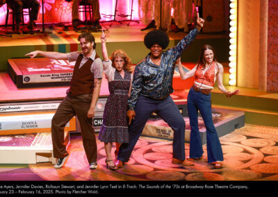 Nate Ayers, Jennifer Davies, Richaun Stewart, and Jennifer Lynn Teel in 8-Track: The Sounds of the '70s at Broadway Rose Theatre Company, January 23 - February 16, 2025. Photo by Fletcher Wold.