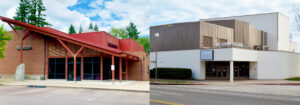 Photos of the entrances of the New Stage and Deb Fennell theaters, New Stage on the left and Deb Fennell on the right.